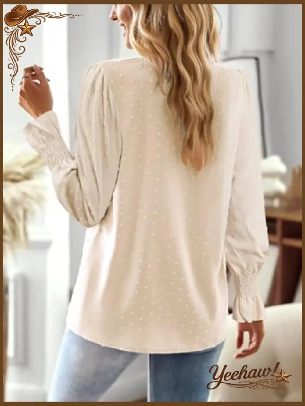 Women's V Neck Lace Boho Long Sleeve Swiss Dot Blouse Tunic Top - Picture 3 of 7